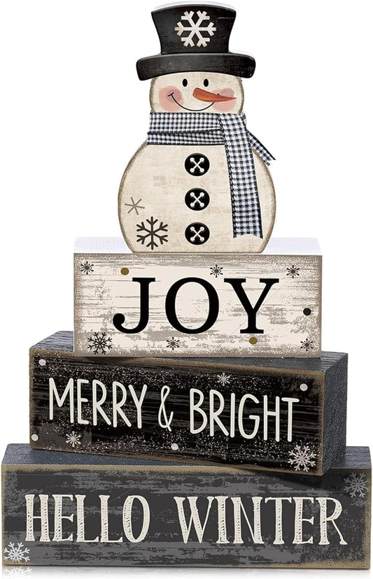 4 Pcs Snowman Christmas Decor Winter Table Decorations Christmas Tiered Tray Decor Winter Centerpiece Decorations Indoor Rustic Wooden Snowman Block Sign Gift Farmhouse for Home Kitchen