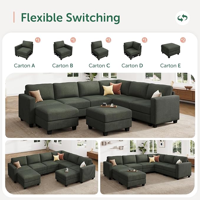 HONBAY Corduroy Sectional Couch with Storage U Shaped Sectional Sofa Modular Sectional Couches for Living Room, Green