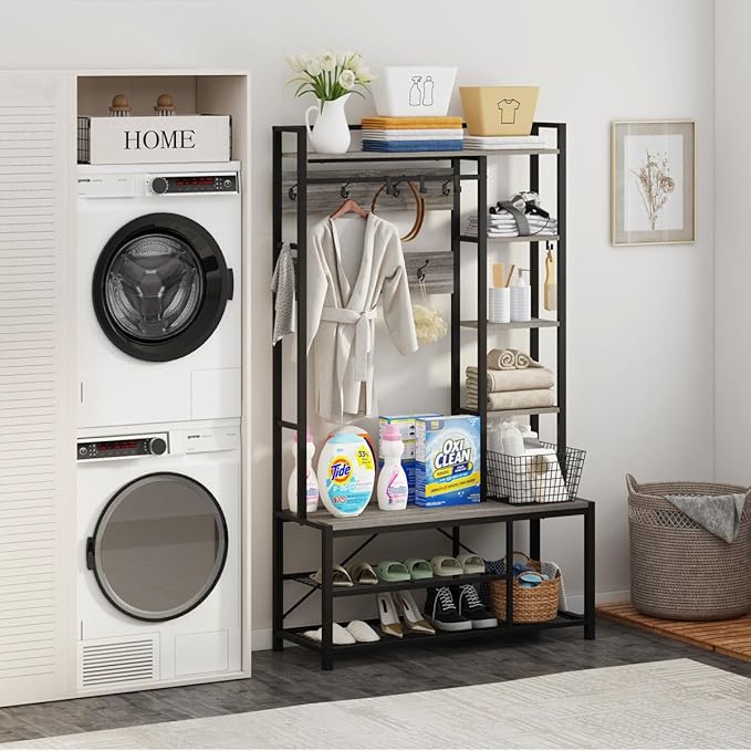 BON AUGURE Hall Tree with Bench and Shoe Storage, Entryway Bench with Coat Rack, Wooden Metal Coat Tree with Hooks, 5 in 1 Multifunctional Shoe Benches and Wall Rack (Dark Gray Oak)