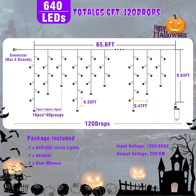 66ft Halloween Lights Outdoor, 640 LED Icicle Lights for Outside, Orange and Purple Twinkle Lights with Connectable Clear Wire 8 Modes Timer Waterproof for House Party Tree Holiday Yard Decorations
