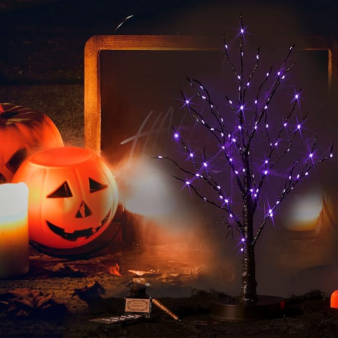 Fudios Lighted Halloween Tree with Timer 80 LED Purple Lights USB Plug or Battery Operated,18in Pre-lit Spooky Black Trees Table Indoor Home Decor