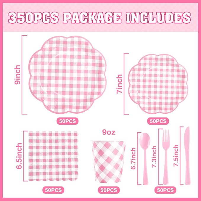 350 Pcs Pink Gingham Plates and Napkins Party Supplies - Pink and White Checkered Plates Sets Serve 50 Guests - Scalloped Gingham Paper Plate for Birthday Wedding Picnic Party Decorations