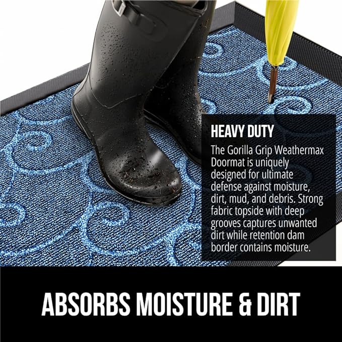 GORILLA GRIP 100% Waterproof All-Season WeatherMax Doormat, US Designed Natural Rubber, Stain and Fade Resistant, Low Profile Indoor Outdoor Door Mats, Easy Clean Patio Mat, 17x29, Ocean Blue Waves