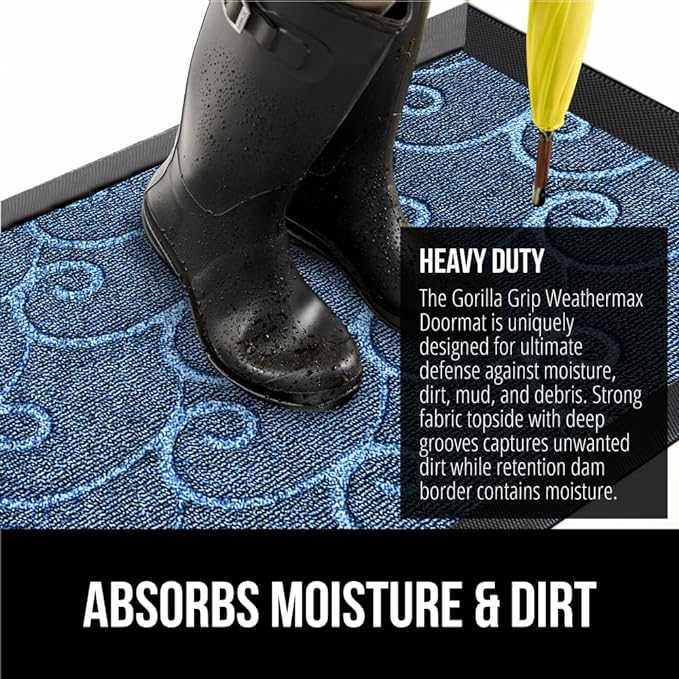 GORILLA GRIP 100% Waterproof All-Season WeatherMax Doormat, 47x35, US Designed Natural Rubber, Stain and Fade Resistant, Low Profile Indoor Outdoor Door Mats, Easy Clean Patio Mat, Ocean Blue Waves