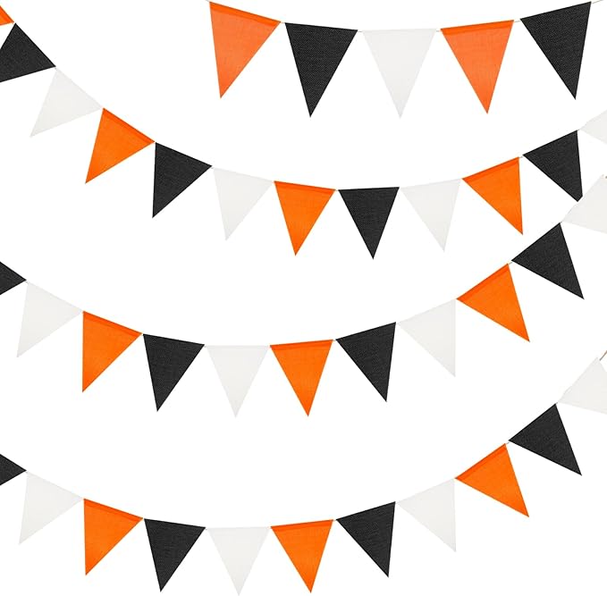 G2PLUS Pre-Strung Halloween Burlap Banners, 39Ft Black and Orange Fabric Triangle Flag Bunting, 36Pcs Reusable Pennant Banner Flags Garland for Fall Festival, Birthday, Porch, Party Decorations
