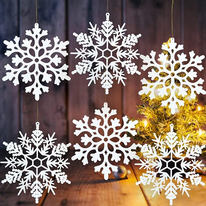 6pcs Large White Snowflakes Ornaments 12” Big Plastic Glitter Snowflake for Winter Indoor Outdoor Christmas Tree Window Room Decorations Giant Craft Snowflakes