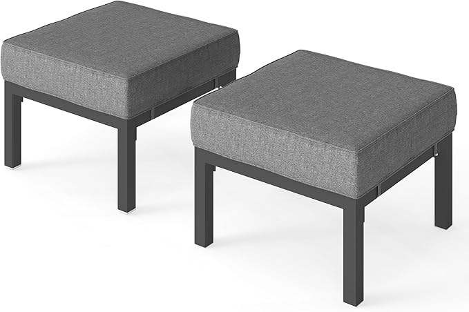 Solaste Outdoor Footstools Patio Ottoman Set of 2, Aluminum All-Weather Outdoor Footrest Seat with Removable Cushions, Patio Furniture Ottomans for Garden, Backyard, Poolside-Gray