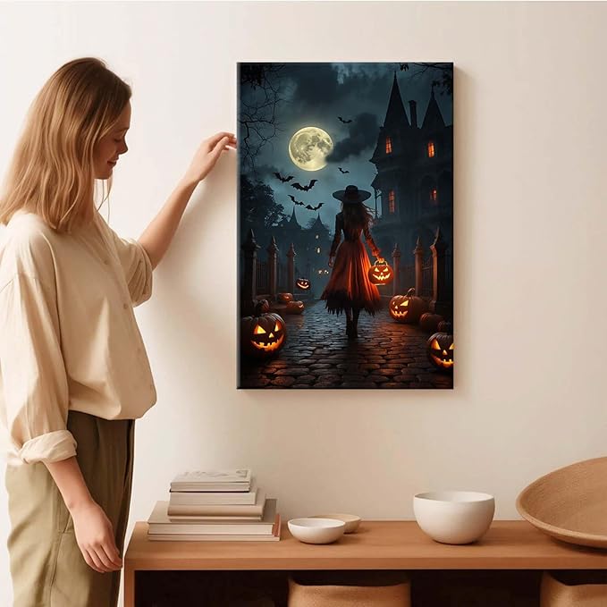 Halloween theme poster moonlit autumn night witch vintage poster art print dark college style gothic painting canvas wall decoration bedroom living room ideal gift28x40in Wood Framed