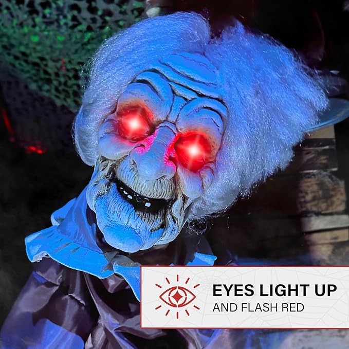 Haunted Hill Farm Lifesize Animatronic Scary Old Lady Zombie with Motion Activated Lights and Sound, Battery-Operated Indoor or Covered Outdoor Halloween Decoration