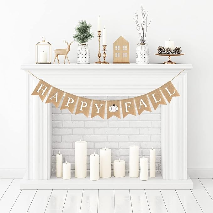 Happy Fall Burlap Banner White Jute Burlap Pumpkin Garland Harvest Mantel Fireplace Wall Hanging for Home Office School Party Decor Thanksgiving Decoration