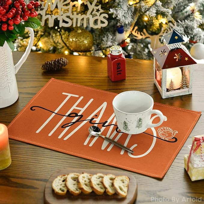 Artoid Mode Pumpkins Give Thanks Turkey Fall Placemats Set of 6, 12x18 Inch Pumpkin Pie Thanksgiving Table Mats for Party Kitchen Dining Decoration