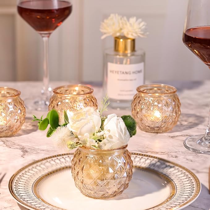 Gold Votive Candle Holders Set of 24- Round Glass Candle Holders Bulk for Table Centerpiece, Tea Lights Candle Holders for Wedding Shower, Party, Home Decor