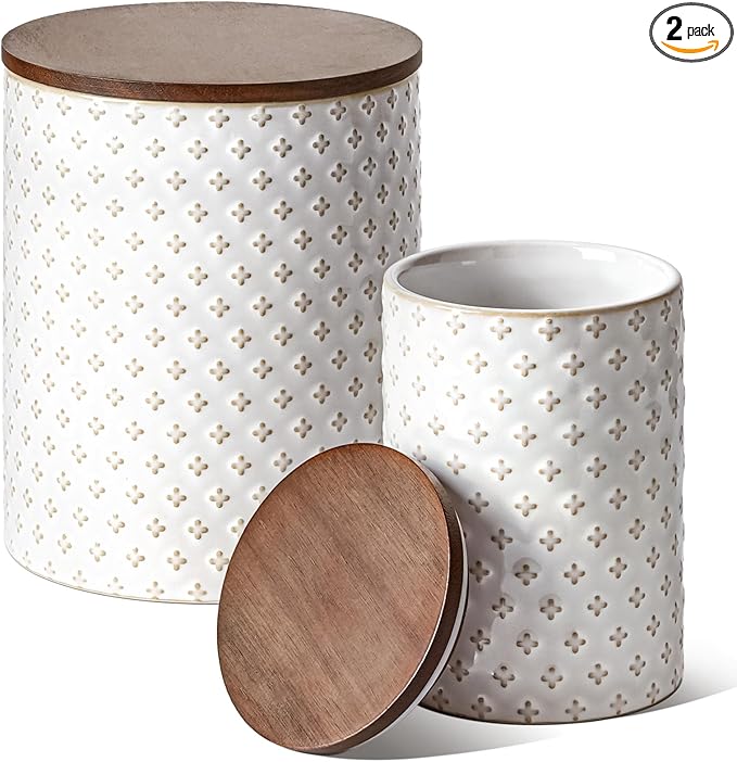 LE TAUCI Food Storage Containers with Airtight Lids, 78/25 oz Ceramic Sugar Canisters Sets, Embossed Large Jars for Pasta, Oats, Coffee Bean, Cookies, Rice, Grains, Tea - Set of 2, Clover
