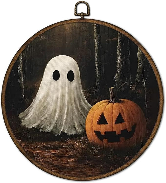 cvjutf Vintage Ghost Halloween Wall Art Framed, Ghost Bathroom Decor, Gothic Dark Academia Fall Round Wall Decor, Witchy Halloween Pumpkin Canvas Prints Art for Bedroom Bathroom Living Room, 10x10 In