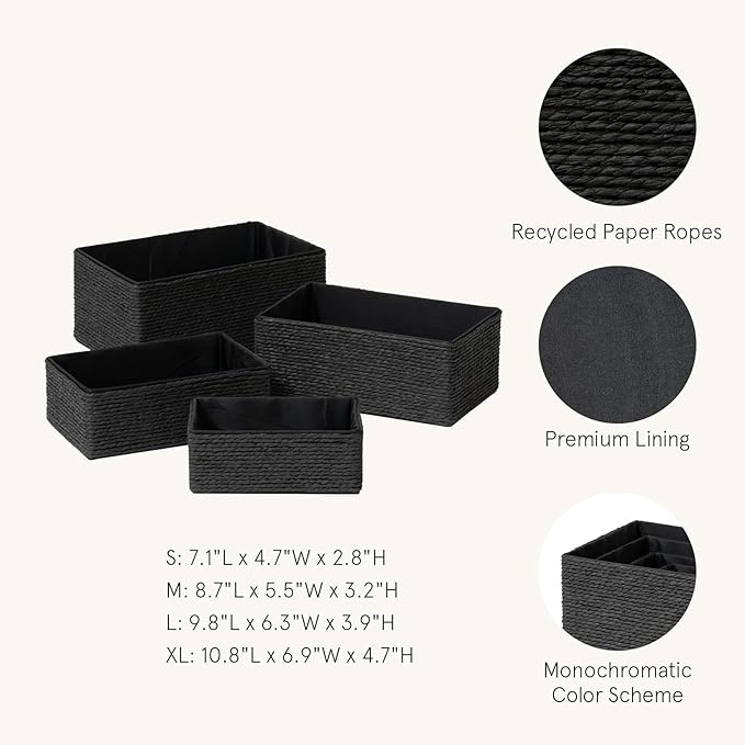 LA JOLIE MUSE Storage Baskets Set 4 - Sturdy Woven Paper Rope Decorative, Stackable Wicker Baskets for Makeup Closet Bathroom Bedroom (Ebony Black)