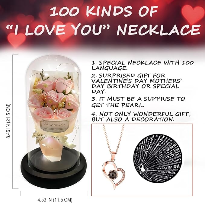 Gift for Her Forever Flower Bouquet for Delivery Prime Preserved Pink Roses Glass Dome LED Light 100 Languages I LOVE YOU Necklace Mothers Day Birthday Romantic Valentines Gift for Wife Women Mom