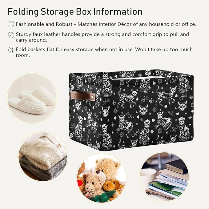 Storage Basket Bin Death Helloween Cats Gothic Organizer Basket Collapsible Shelf Basket Cube with handle for Nursery Bedroom Bathroom