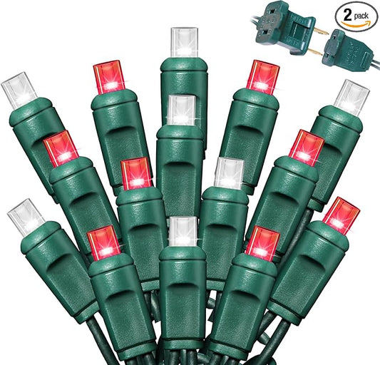 100Count (2pk of 50L) String Lights, LED Christmas Lights, 6" SPACING,Green Wire,Red and White,Commercial Grade