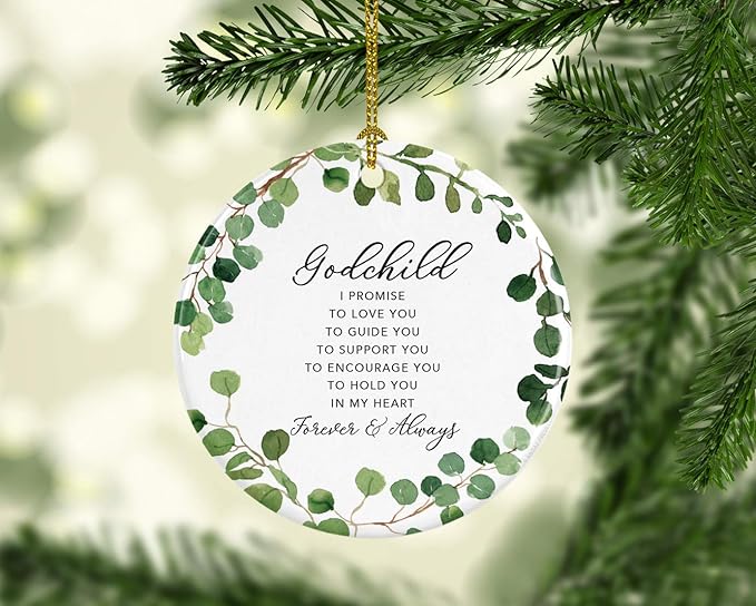 Andaz Press Round Ceramic Porcelain Christmas Tree Ornament Keepsake Collectible Gift, Godchild I Promise to Love You, Farmhouse Eucalyptus Wreath, 1-PackBaby Shower Baptism Christening Gift Ideas