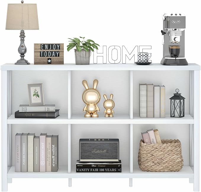 FATORRI 6 Cube Storage Organizer with Shelf, Long Wood and Metal Cubby Bookcase, Industrial Horizontal Bookshelf (White Oak, 47 Inch)