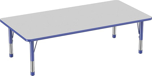 FDP Rectangle Activity School and Classroom Kids Table (36 x 72 inch), Toddler Legs, Adjustable Height 15-24 inches - Gray Top and Blue Edge
