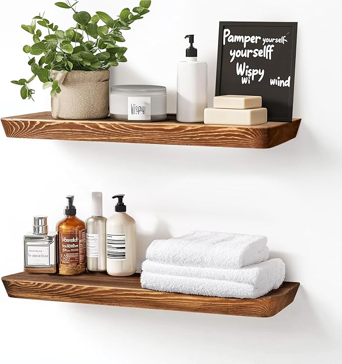 24"x6.8"x1.6" Slanted Floating Wall Shelves 2-Pack - Rustic Brown Finish, Heavy-Duty Solid Wood Design with Hidden Brackets - Perfect for Living Room, Kitchen, Bathroom, or Office
