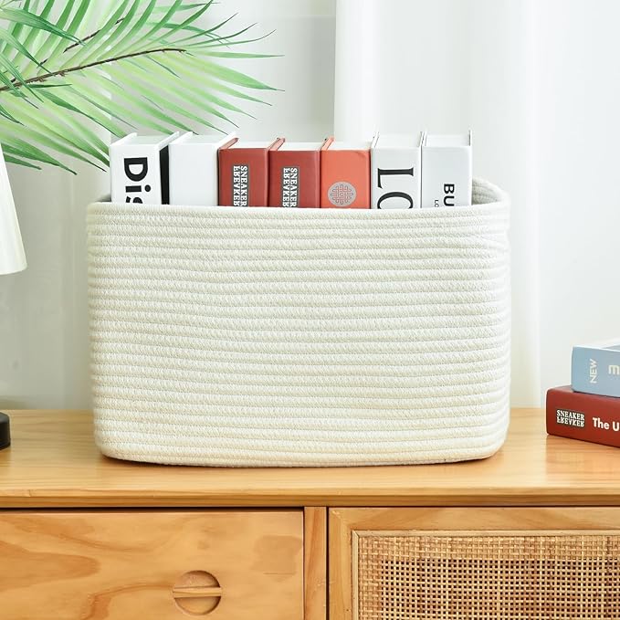 Storage Basket - Woven Cotton Rope Baskets for Organizing, Decorating Shelves, Books, Towels, Toys - 3 Pack - White