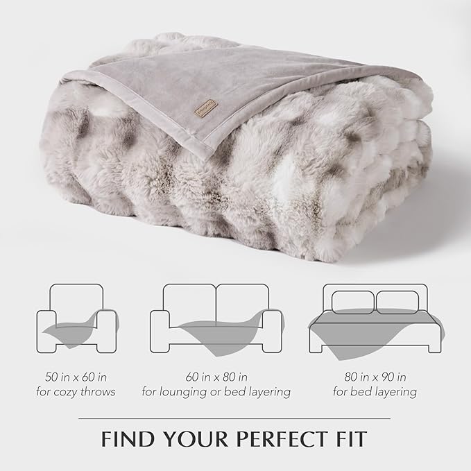EVERGRACE Ultra Soft Luxury Fluffy Ridgeline Faux Rabbit Fur Throw Blanket, Thick Warm Bubble Throw for Bed, Cozy Plush Reversible Blankets for Couch, Chair, Sofa, Light Grey, 50x60 Inches, 870 GSM