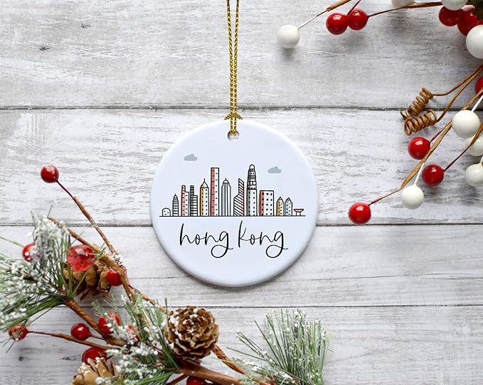 Andaz Press Round Ceramic Porcelain Christmas Tree Ornament Keepsake Gift, Hong Kong, Colorful International City Skyline Graphic, 1-Pack, Birthday Family Coworker Him Her, Gift Box