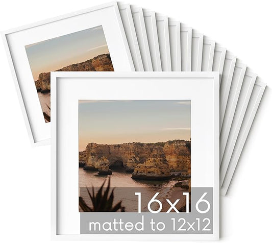HAUS AND HUES 16x16 White Metal Picture Frames Matted to 12x12 - Features Premium Aluminum & Hanging Hardware, Shatterproof Plexiglass - Ideal for Home, Room, Office (16x16 in, White, Set of 15)
