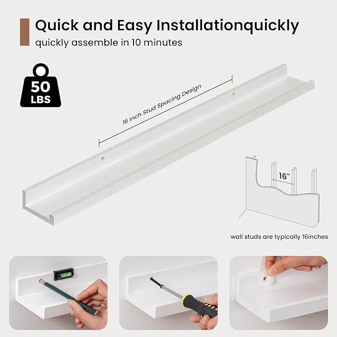 Picture Ledge Shelf, Solid Pine Wood Floating Shelves Set of 2, 32 Inches Nursery Book Shelves for Toys Storage, Kids Bookshelf Wall Mounted for Living Room Bedroom Decor Books Photo Frames, White