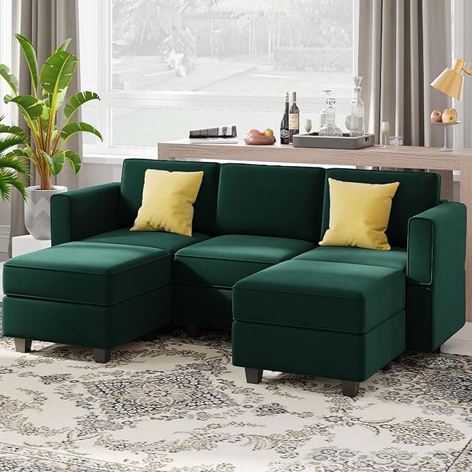 Belffin Modular Sectional Sofa with Double Chaise Velvet U Shaped Sofa Reversible Sectional Couch with Storage Green