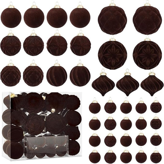46PCS Velvet Christmas Ball Ornaments Set, Flocked Shatterproof Xmas Tree Decor, Assorted Hanging Ornaments with Loop for Holiday Home Decor, Christmas Tree, Mantel, Party Decoration (Brown)