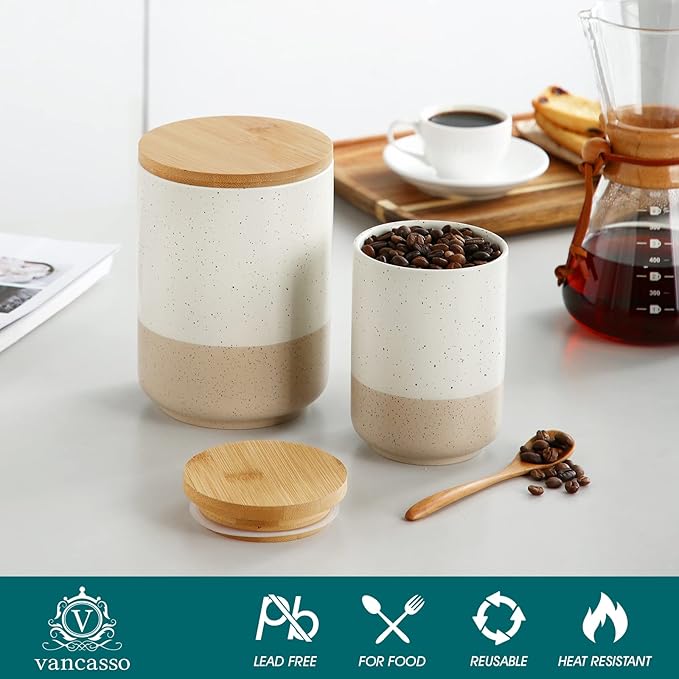 vancasso Sabine Coffee Storage Jar, 36 Oz Ceramic Kitchen Canister with Airtight Wood Lids, Coffee Container for Ground Coffee, Tea, Sugar, Nuts, Candy, Spices