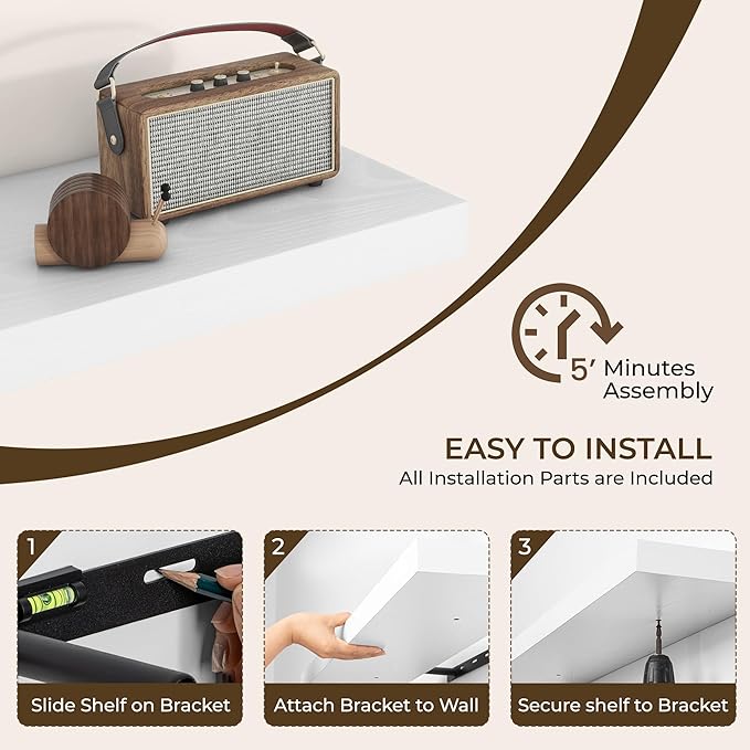 RICHFOCUS 31.5Inch Floating Shelves for Wall 2 Pack Shelves for Bedroom|Kitchen|Bathroom Wall Mounted Rustic Wood Floating Shelf with Invisible Brackets for Books|Storage|Decor, White