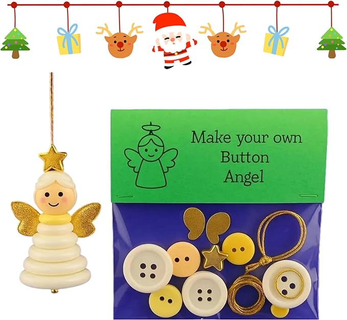 DIY Christmas Button Ornament Making Set–Fun Holiday Handmade Decorations for All Ages,DIY Craft Buttons Kit with Christmas Snowman/Santa/Angel,Xmas Tree Hanging Decorations (#B)