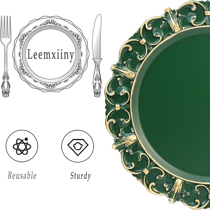 Green Charger Plates Set of 6, Decorative Table Plastic Chargers for Dinner Plates, Party, Wedding, Thanksgiving, Christmas, FD1GR