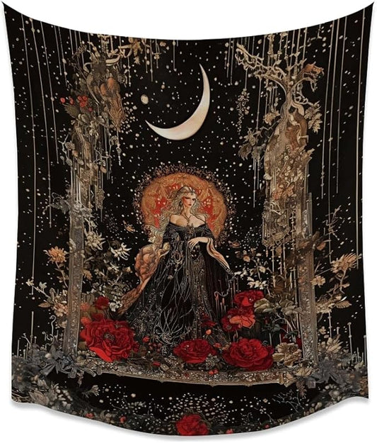 Dark Academia Moon Goddess Tapestry Gothic Fantasy Rose Wall Art Mystical Witchy Woman Print Victorian Artwork Aesthetic Tapestries Wall Hanging for Girls Room Bedroom Decor 70x90inch