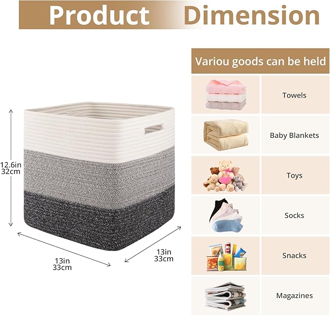 OIAHOMY 13 Kallax Inch Cube Storage Bins, 3-Pack Cotton Rope Woven Baskets for Organizing, Kallax Insert Storage Baskets for Shelves, Baby Nursery, Closet Organizer, 13*13*12.6IN, Gradient Gray