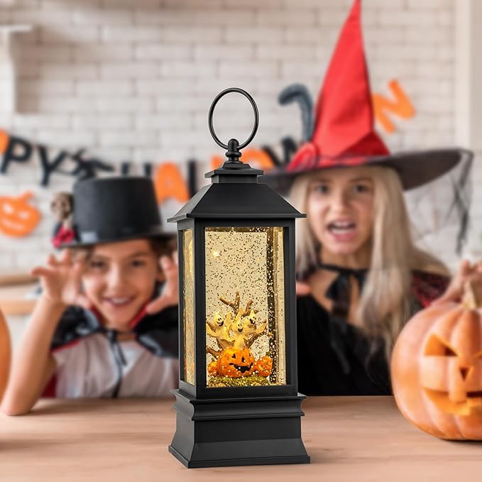 Halloween Snow Globe Lantern Water Glittering Spooky Ghosts in Pumpkins with Music, USB Lined/Battery Operated Lighted Lantern for Halloween Festival Decoration Gifts