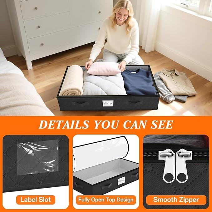 SpaceWhisper 90L Under Bed Storage Containers, 8-Pack Storage Bins with Clear Top, Foldable Closet Organizers and Storage with Label Holder for Clothing, Blankets, Comforter & Pillows(Black)