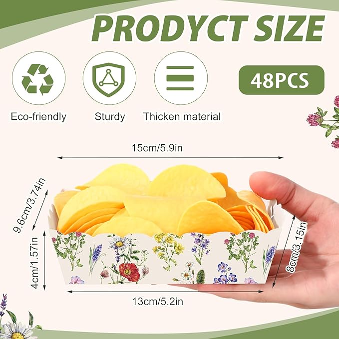 48 Pcs Wildflower Paper Food Trays Vintage Floral Nacho Boat Trays Disposable Snack Holder for Spring Birthday Flower Party Baby Shower Bridal Wedding Supplies