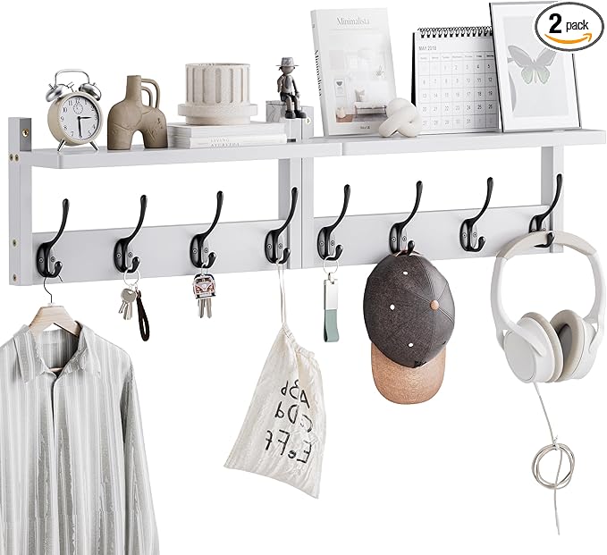 Coat Rack with Shelf Wall Mount, Entryway Bamboo Hanging Shelf, Set of 2, Wall Hook Rail for Hallway Décor, Storage Clothe, Hat, Robe, Key, Dog Leash (White+Black)