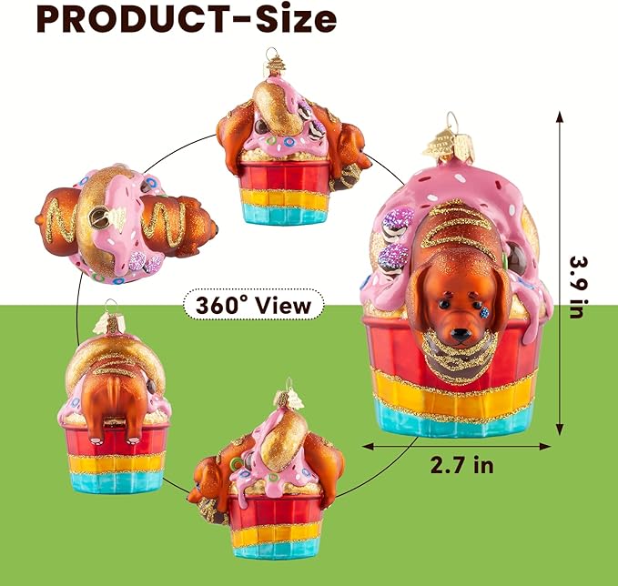Dog Christmas Tree Ornaments,Hand-Blown Glass Ornaments,Cupcake Collection Figurine Hanging Ornaments,Dachshund Dog Christmas Ornament for Animal Lovers Party Holiday Home Decorations Gifts