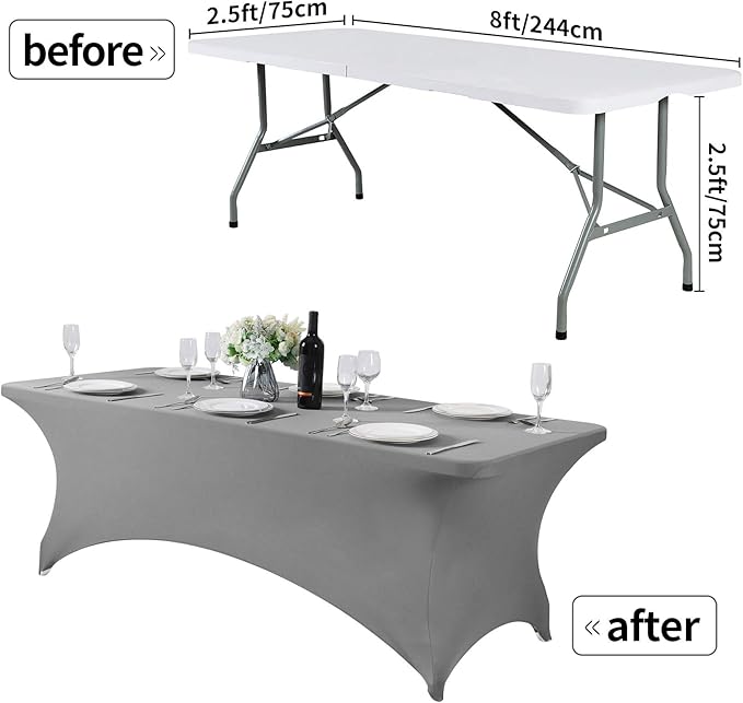 2Pack Spandex Table Cover for 8FT or 4ft or 6ft Table Universal Fitted Stretch Tablecloth for Party, Banquet, Wedding and Events-Gray