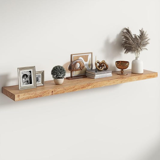RICHFOCUS Elm Floating Shelves for Wall - 55" W x 9.3" D Rustic Solid Wood Shelves with Invisible Bracket, Wall-Mounted for Living Room, Bedroom, Kitchen Storage & Display, Set of 1, Natural