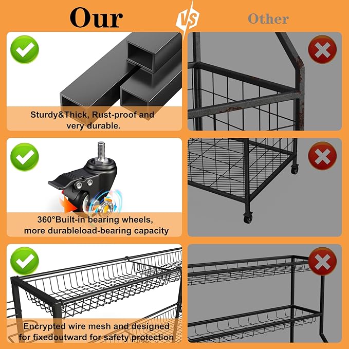 Sports Equipment Organizer, Garage Ball Storage Racks - Outdoor Toy Storage with 2 Side Racks & Removable Baskets, Heavy-Duty Garage Rolling Ball Cart with Wheels, Hooks for Toys, Sports Gear