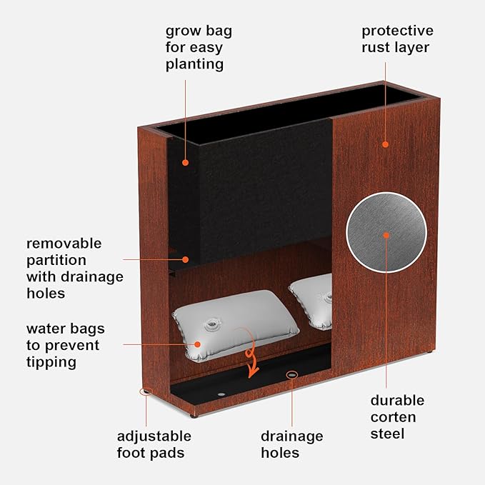 Large Corten Steel Planter Box Outdoor, 30" H x 34" W x 10" D,Tall Rectangular Metal Rusted Planters with Grow Bag,Naturally Rusting Steel Flower Pot,Rustic Décor for Patio,Garden,Deck,Backyard