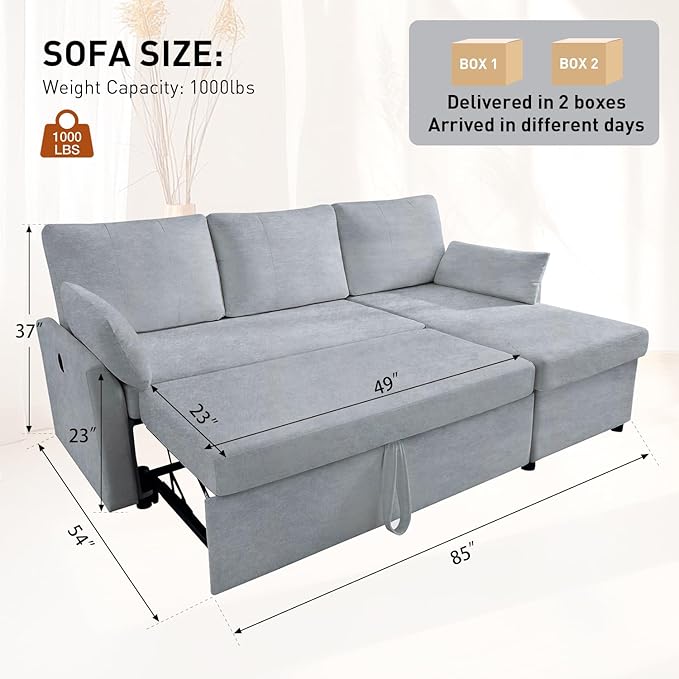 Waxberry Sectional Sofa Couch, Pull Out Couch Sleeper Sofa Bed with Storage for Living Room, Reversible Chaise, Side Pockets & Dual USB/Type-C Ports, Includes 1 Blanket, Grey