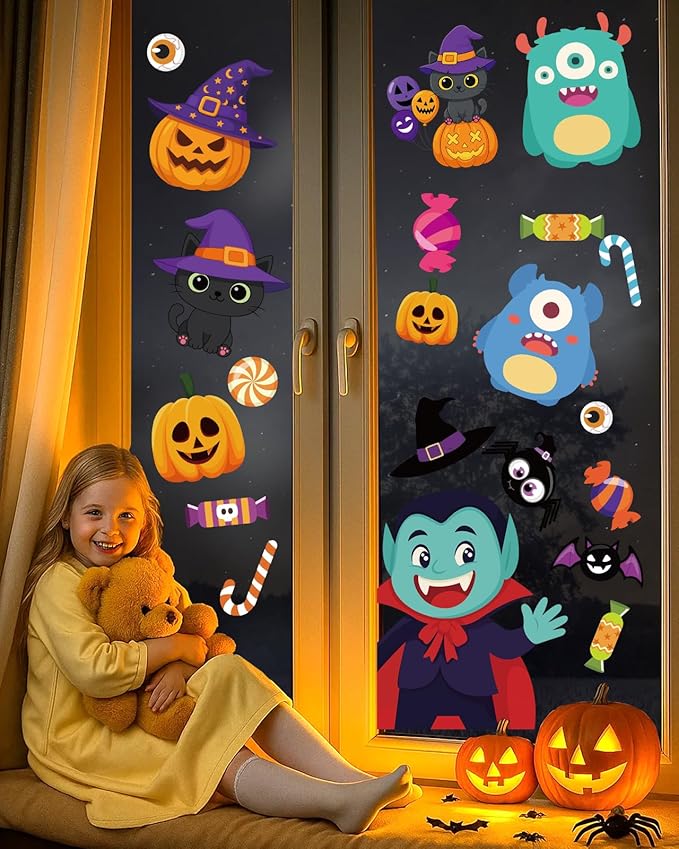 Halloween Window Clings - 9 Sheets 82 Pcs Cute Happy Halloween Window Decorations Indoor for Home Eyes Party Ghost Cat Bat Witch Stickers for Glass Double-Sided Removable Static Glass Decals